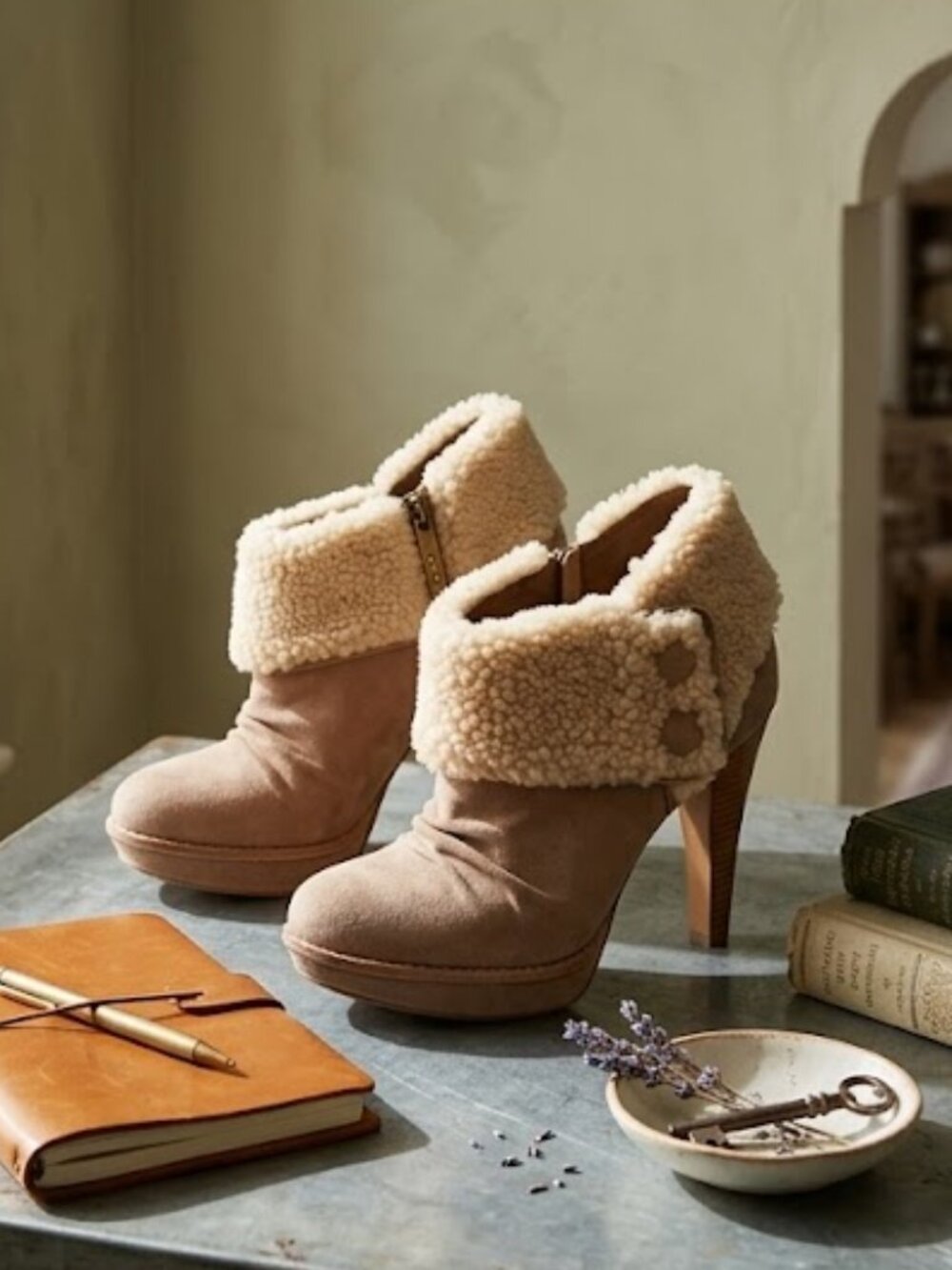 Ugg Georgette Chesnut brown Suede leather Sherpa lined High heel Ankle Boots 10